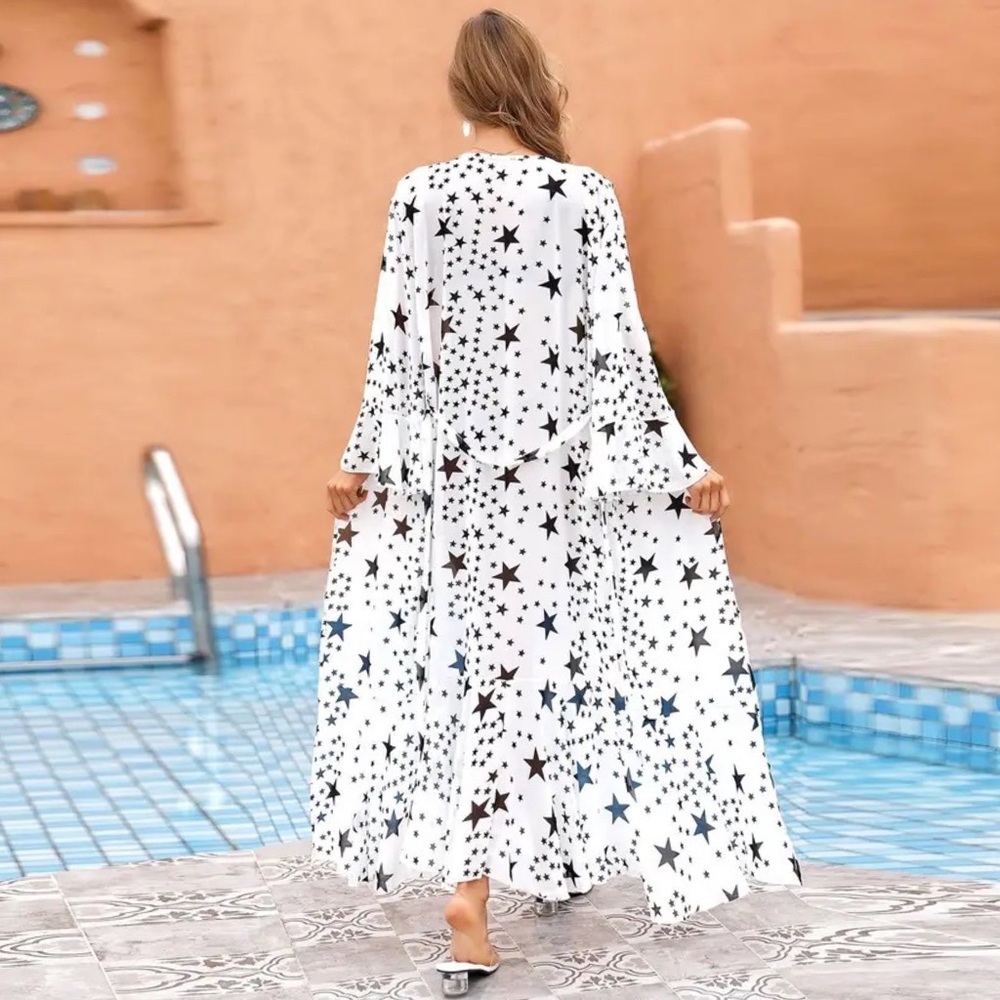 Boho White Chiffon with Black Stars Kimono Duster Beach Coverup - Picture 7 of 16